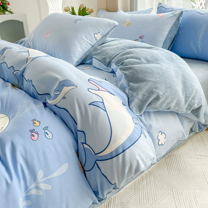 Juego de cuatro piezas de terciopelo de leche de algodón puro 2023 nuevo otoño e invierno más funda de edredón de sábana de terciopelo de coral juego de tres piezas