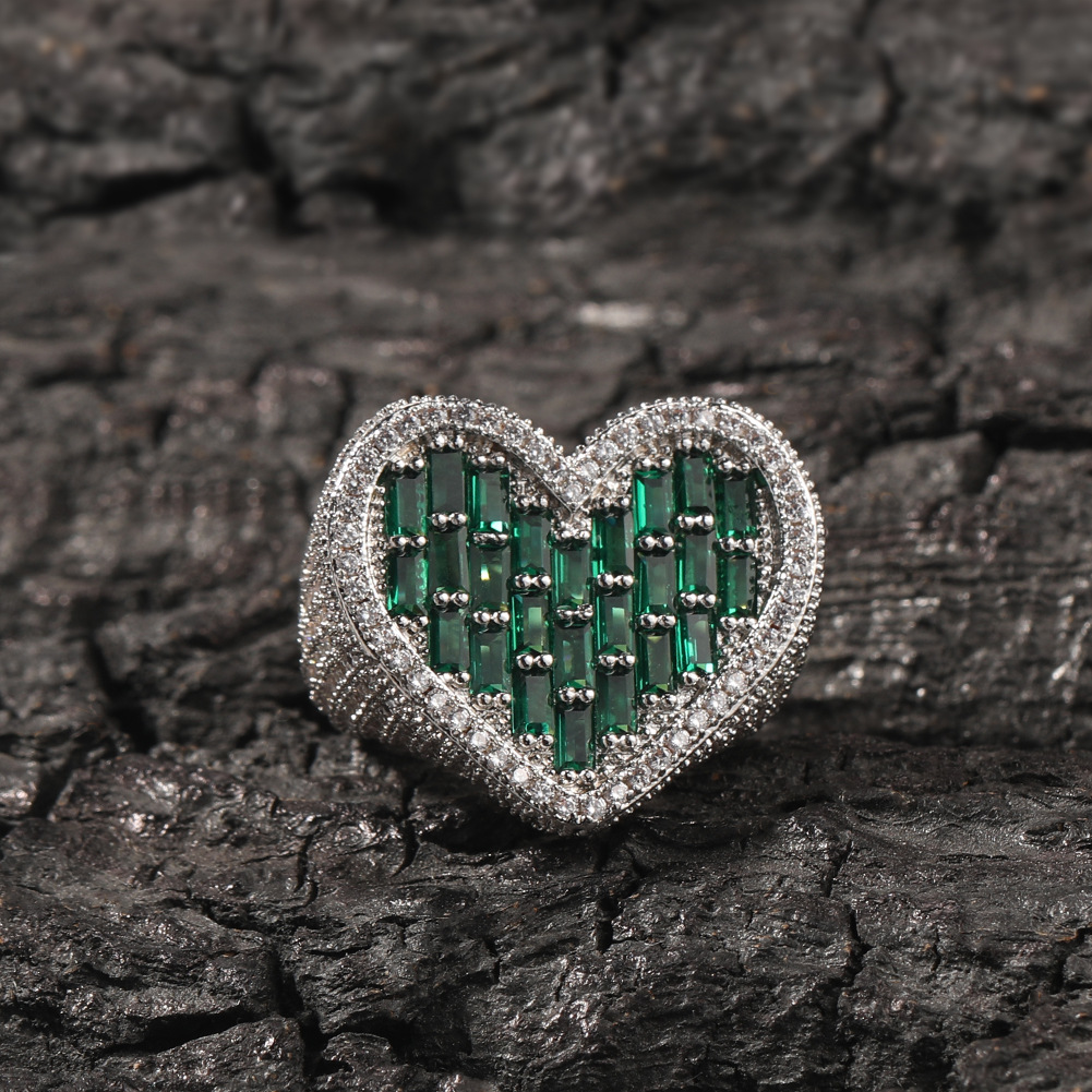 24g Weight Rhinestones Inlay Material Rings Classification 6, 9 Ring Size 1 Piece Quantity Party, Street Occasion Copper Material Heart Shape Pattern Unisex Gender Inlay Design Hip-Hop Style Hip-hop Heart Shape Copper Inlay Rhinestones Rings 18
