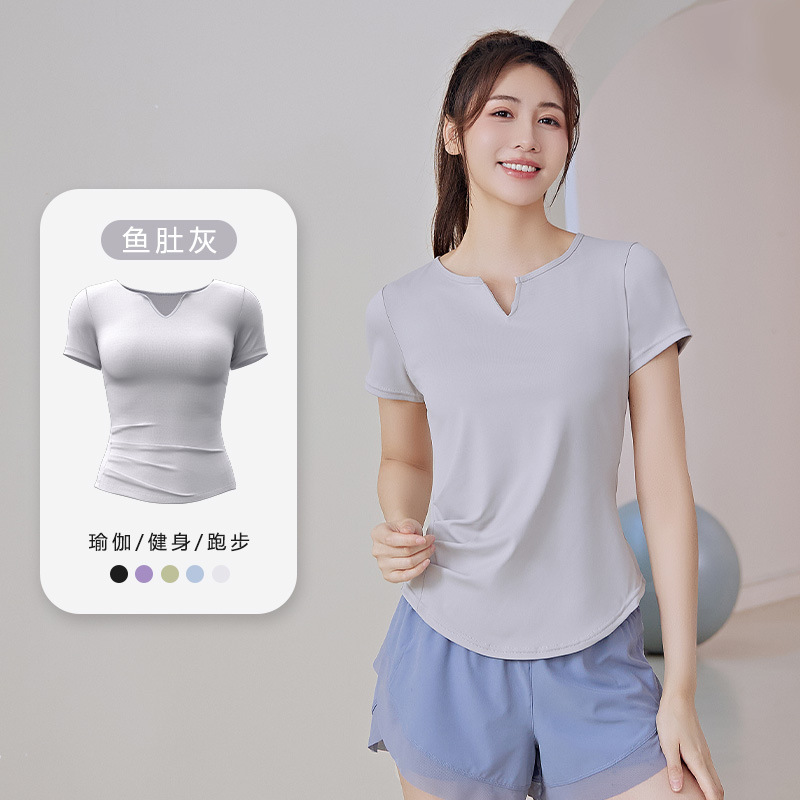 スポーツ半袖トップ夏 V ネック女性の速乾性ソリッドカラーウエストルーズ Tシャツランニングフィットネス痩身ヨガウェア|undefined