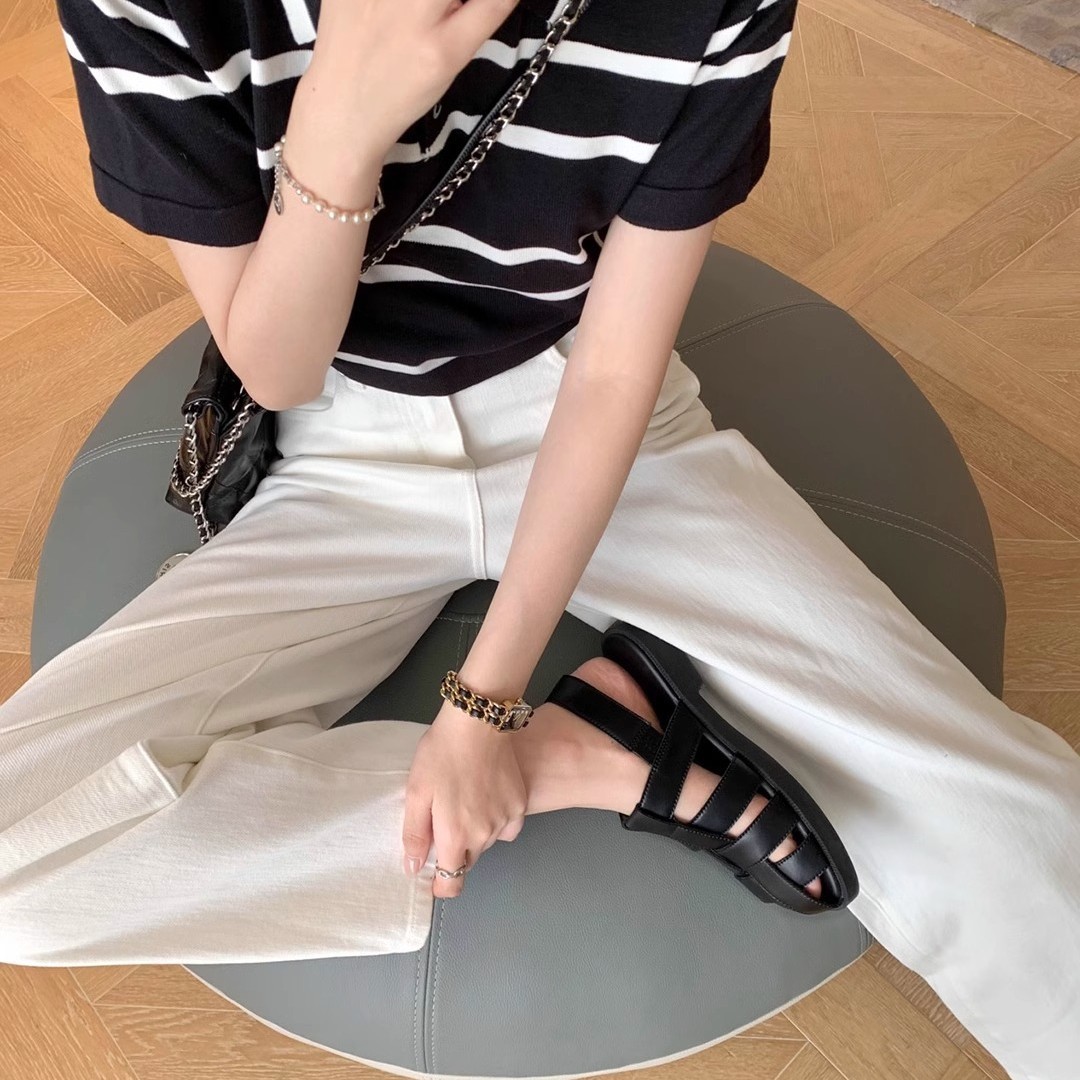 [sheii su] blanda explosión ~ cubierta de cuero real tejido hueco fondo plano sandalias romanas zapatillas de jaula de cerdo