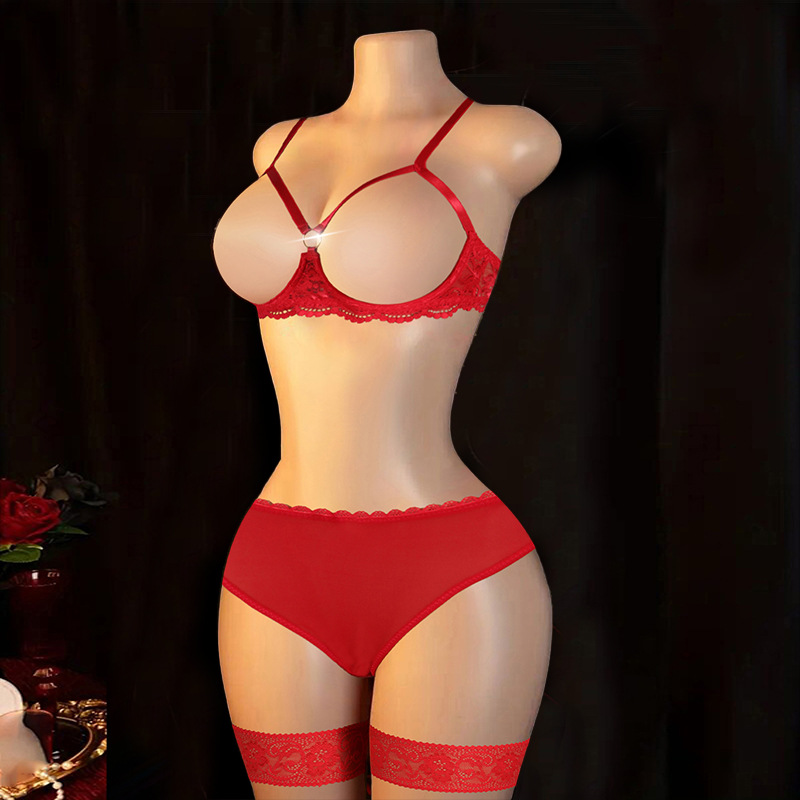 오픈 컵 브라 + 메쉬 브리프 + 레이스 레그 링