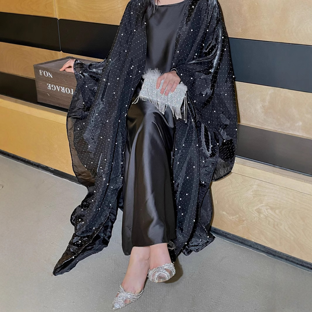Dubai Abaya Set – Embellished Long Sleeve Open Front Cover With Beaded Detailing (Black, S-L) | Modest Luxury Two-Piece Outfit