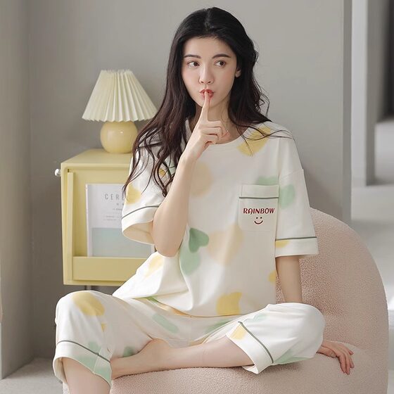 Pajamas Women's Summer Cotton Short-sleeved Capri Pants Outer Wear Sweet Casual plus size Air-conditioned Room Home Clothes suit