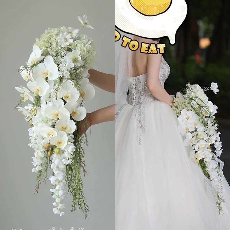 韓国風ウォータードロップブライダルブーケホワイトウォーターフォールフラワーフォトスタジオ結婚式の写真撮影の小道具|undefined
