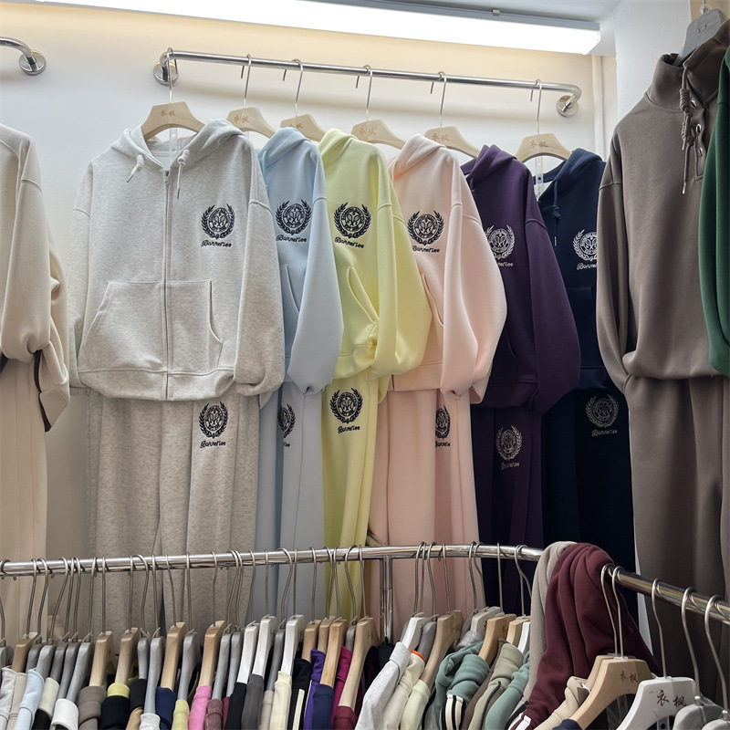 European and American Cross-Border Sports Hooded Suit for Women in Autum Embroidered Zipper Cardigan Sweatshirt Straight Floor-Length Pants Two-Piece Set