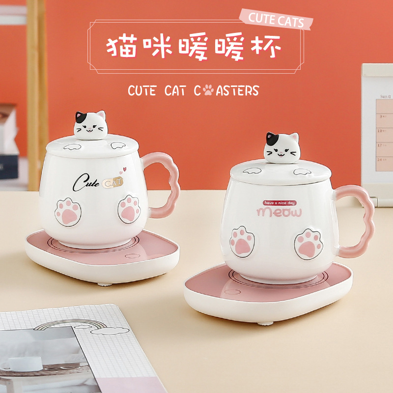 Cute Cat March 8th Women's Day Gift Set Creative 55°C Constant Temperature Ceramic Mug Lovely Girl Warm Cup