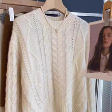 重磅加厚100%纯羊毛衫女宽松圆领复古慵懒风白色羊绒毛衣针织衫女