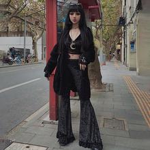 22530蕾丝拼接高腰修身微喇裤 哥特暗黑时尚辣妹百搭直筒休闲裤女