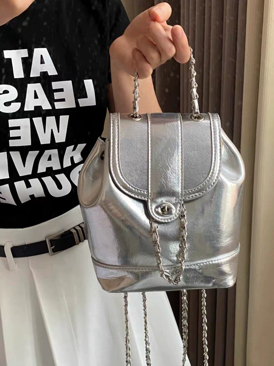 Серебряный рюкзак, дорожная сумка через плечо, стиль Chanel, Южная Корея