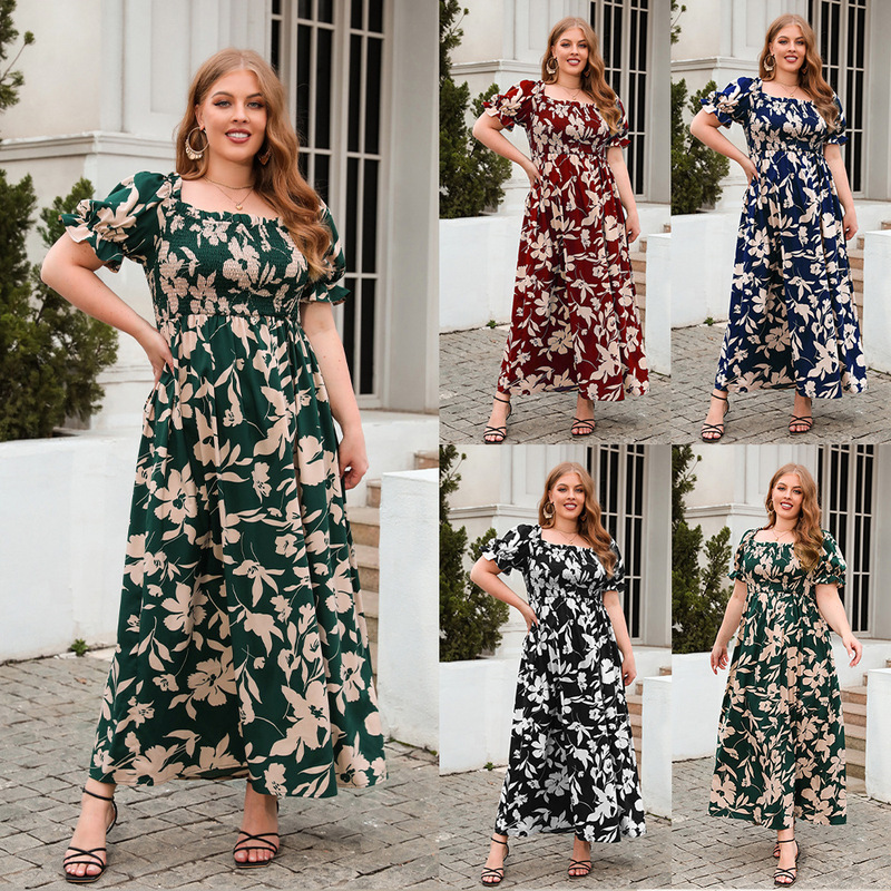 Cross-Border Plus Size Women's Large Size Printed Casual Vacation Dress Bohemian French Elegant Midi Dress Cross-Border Plus Size Women's Large Size Printed Casual Vacation Dress Bohemian French Elegant Midi Dress