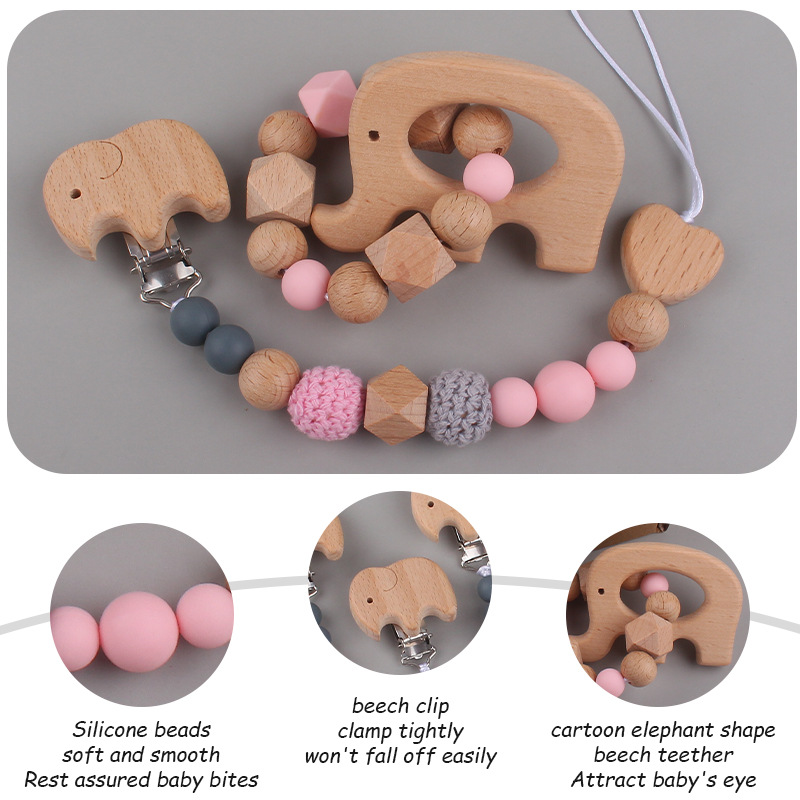 Nuevo bebé de dibujos animados elefante mordedor calmante bebé elefante chupete clip silicona anti-gota Cadena de dos piezas conjunto de juguete
