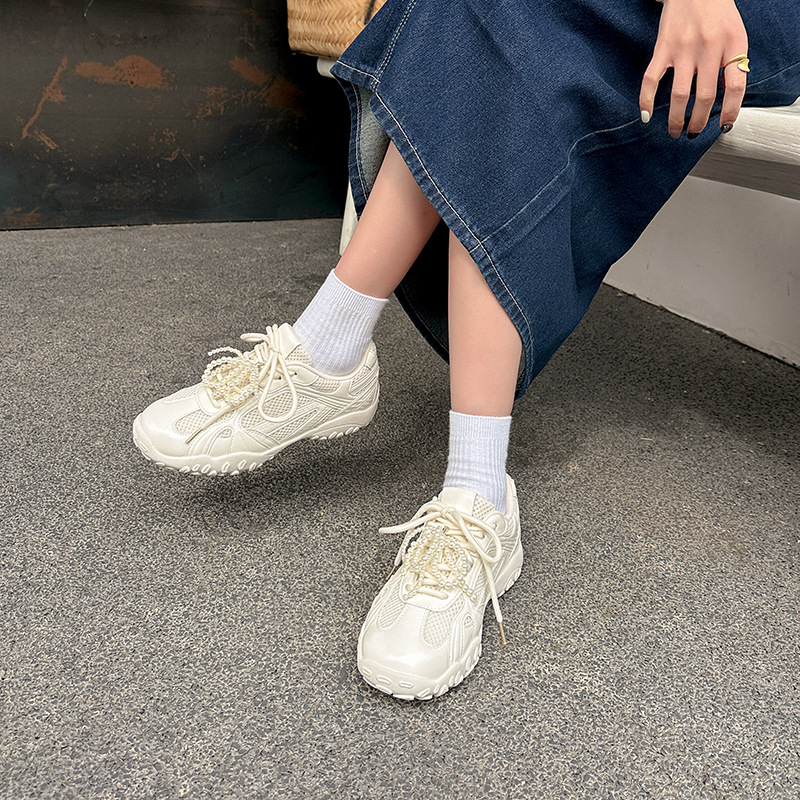Su Yinyin, el mismo fondo de la luna creciente ~ Cinturón de perlas de encaje realza zapatos de Forrest Gump casuales zapatos de entrenamiento alemán para mujer