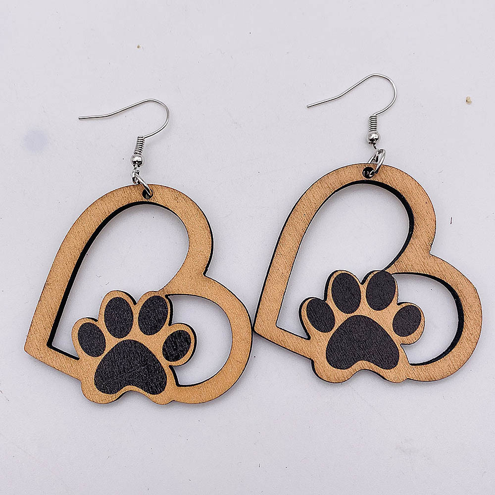 1 Pair Cute Paw Print Heart Shape Wood Mother's Day Women's Drop Earrings display picture 5