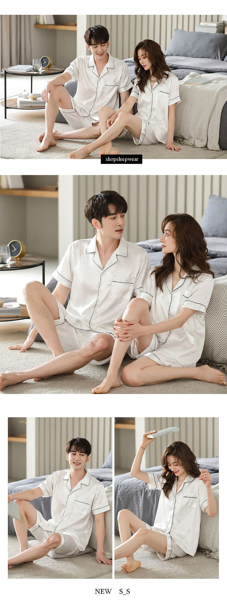Han Yatong Summer Couple Pajamas Simulation Silk Short-sleeved Shorts Set Thin Men's and Women's Home Clothes 5075_voghion.com