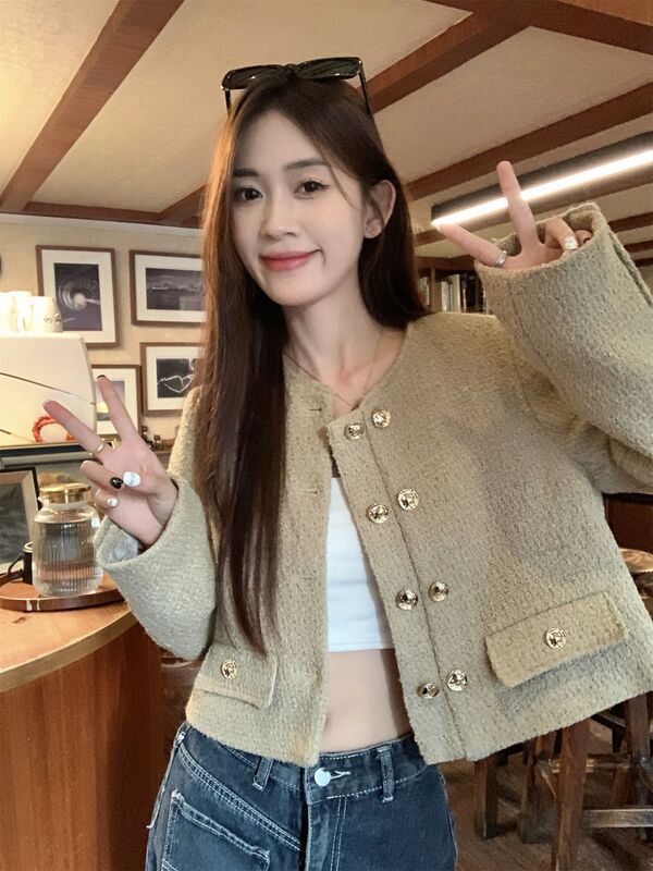 法式小香风短外套杏色圆领小个子百搭时尚韩风休闲小众减龄上衣女|undefined