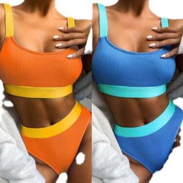 2024 New European and American Style Bikini—Cross-Border Amazon Split Swimsuit, High-Waisted, Tummy-Covering, Solid-Color Bikini for Women, Ideal for International Trade