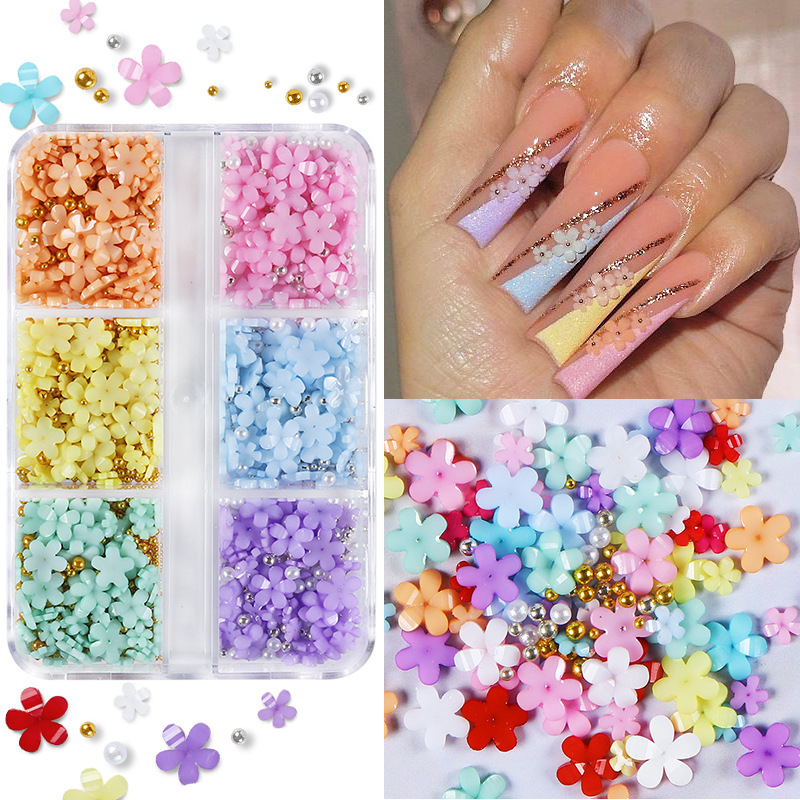 6 Boxed Acrylic Five-petal Flower Nail Art Jewelry Color Resin Flower Mixed Pearl Steel Ball Nail Decoration