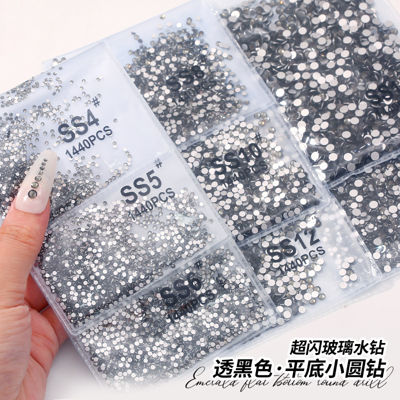 Silver Bottom Black Round Diamond Retro Dark Nail Diamond Flat Bottom Rhinestone Black Round Glass Diamond Nail Ornament