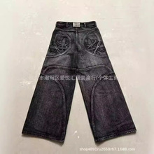 2024夏季新款跨境直销美式复古水洗刺绣牛仔裤男潮牌街头宽松直筒