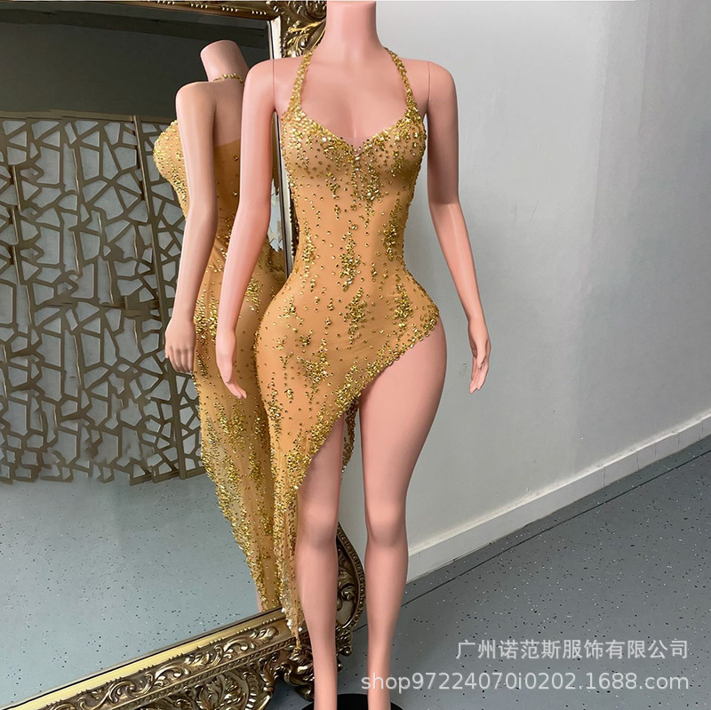 欧美性感深v亮钻侧开叉鸡尾酒派对酒吧气质女歌手驻唱舞会演出服