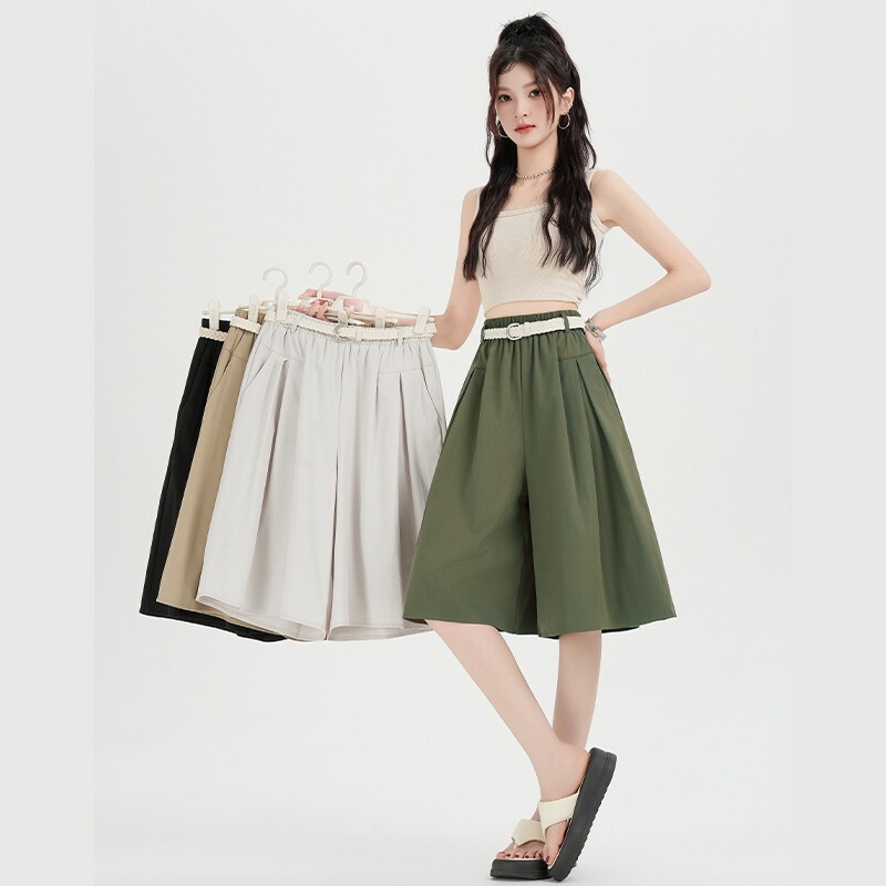 2026 Summer New Korean Style Cotton and Linen Women's High-Waisted Casual Wide-Leg Pants for Petite Figures, Loose-Fitting Cropped Pants/Skirt