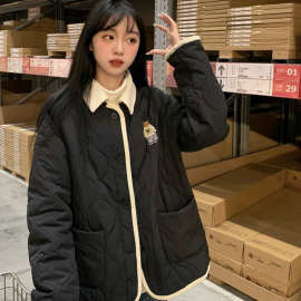 小熊刺绣菱格棉服外套冬季2024新款宽松时尚撞色拼接翻领棉衣女装
