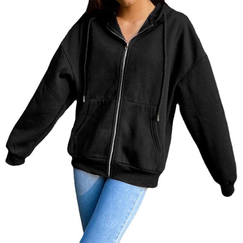 Pure Color Hooded Fleece European and American Style Long-Sleeved Outerwear Women's Street Loose Zip-Up Top