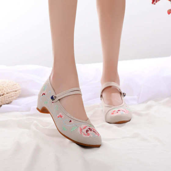 (pointed Toe Series) Spring New Ethnic Style Embroidered Shoes Inner Heightening Women's Single Shoes Tbottomon Sole Wedge Square Dance Shoes
