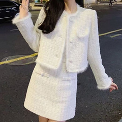 クロスボーダー高級感小香風ファッションスーツ女性秋冬新作厚手ショートコートスカート2点セット
