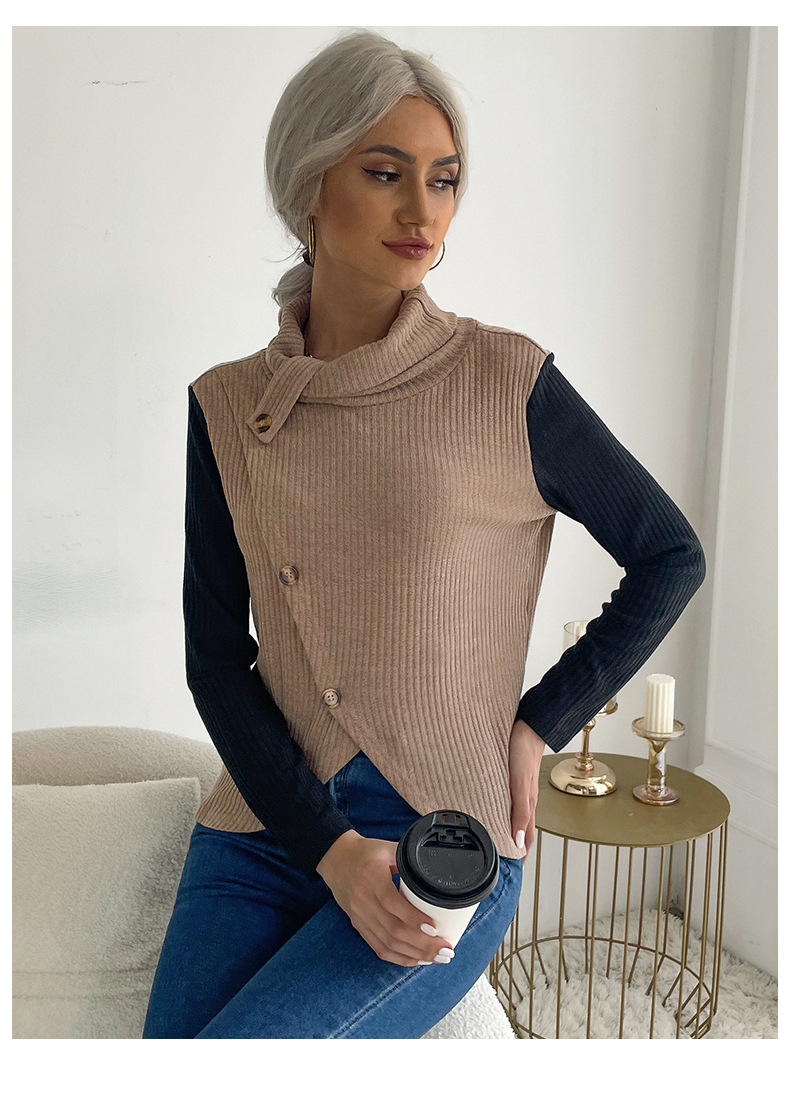 early autumn casual women's solid color pile collar long-sleeved pullover_voghion.com