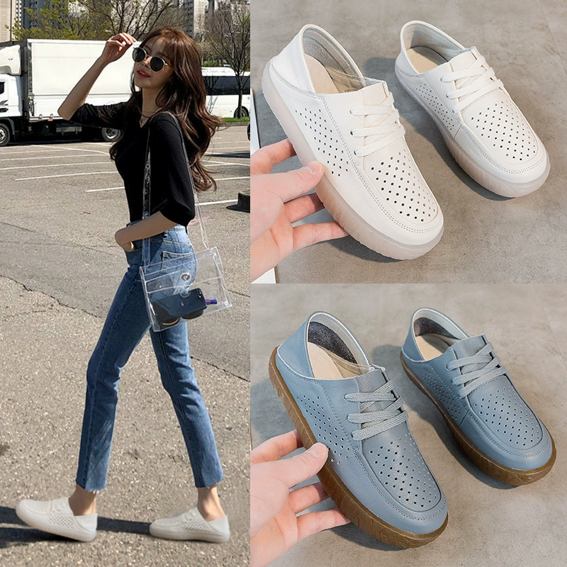 Весенние и летние кожаные пещерные туфли 2024 новые женские сандалии Нескользящие туфли мамы туфли полые женские туфли медсестры на мягкой подошве