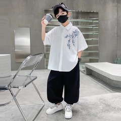 男の子の夏のスーツの中国風の漢服2025新型の子供の夏服の男の子の新しい中国式のごろつきの格好が良いです。