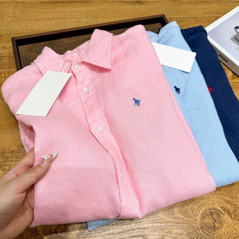 Old Money Style Pony Embroidery Linen Shirt for Women, New Spring and Autumn Cotton-Linen Outerwear Shirt, Thin Air-Conditioning Jacket for Autumn
