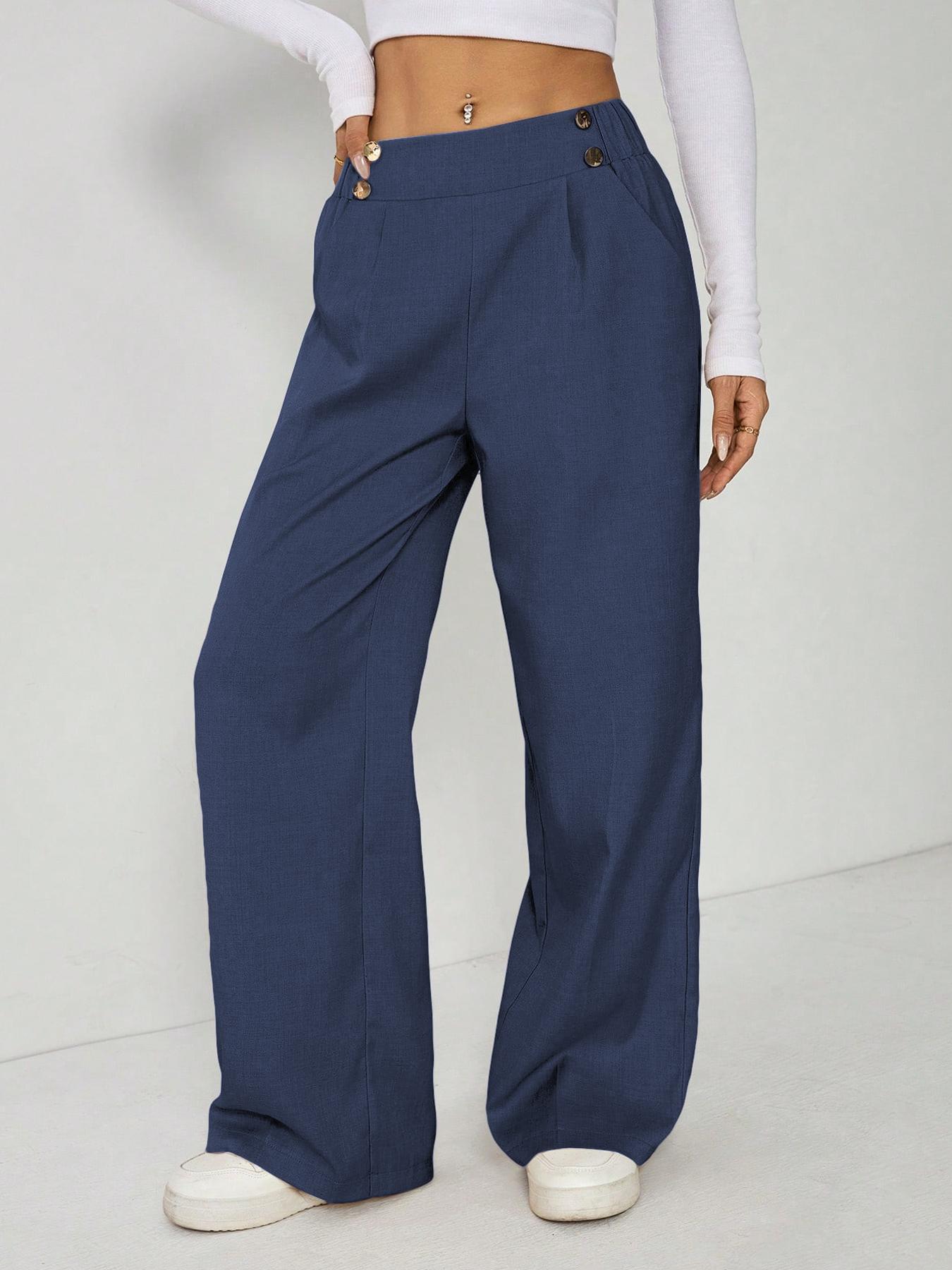 Women's Wide Leg Straight Leg Trousers Casual Fashion European American Style Button Decoration Commuting Pants_ecoleips.com