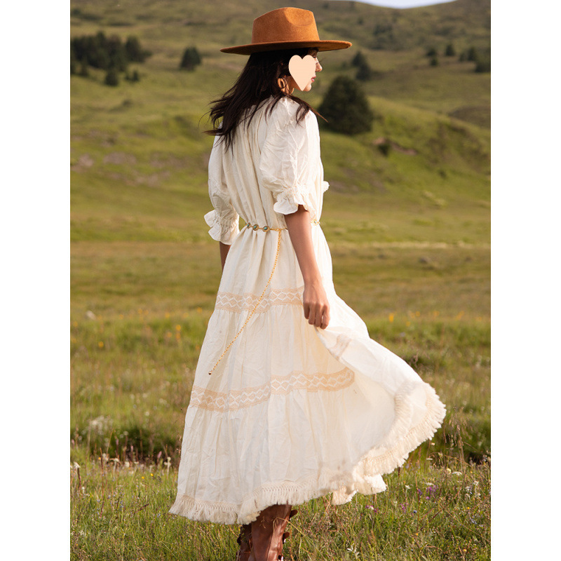 Beige Tassel Vacation Style Xinjiang Travel Outfit Bohemian Long Dress For Women Summer_ecoleips.com