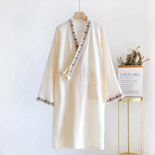 Traditional-style Lace-Up Embroidered Nightgown for Women: Double-Layered Cotton Gauze Bathrobe, Pure Cotton Design—Perfect for Spring and Autumn Home Wear & Sleepwear