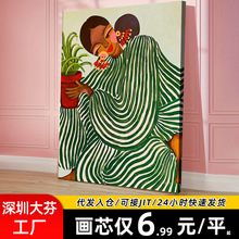 复古条纹女士帆布背景墙挂画 喷绘油画布画芯 现代卧室客厅装饰画
