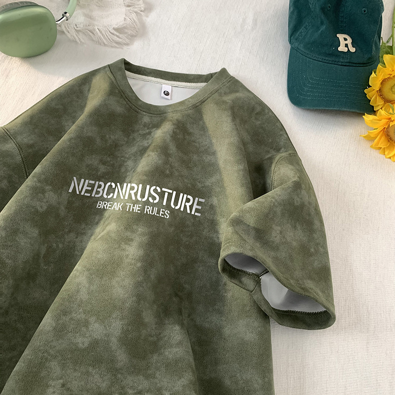 230 グラム夏アメリカンハンサムタイダイ Tシャツメンズルーズトレンディ半袖 Tシャツブラックホワイトダークグレーアーミーグリーン|undefined