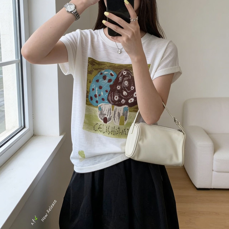 Mushroom Jacquard T-Shirt for Women, Stylish Round Neck, Flutter Sleeves, Casual Versatile Slim-Fit Youthful Knit Top