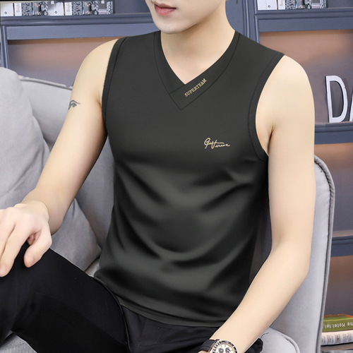 Summer New Men's V-Neck Wide Shoulder Open-Front Shirt Sleeveless Tank Top Sweatshirt Base Layer Running Fitness T-shirt