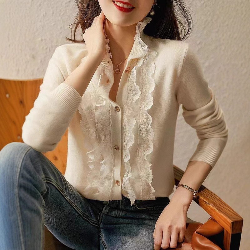 Zyh 362819 Vg Treasure Xianya Is Worth High Fashion Lace Trim Solid Knit Knitwear Cardigan Women 2025