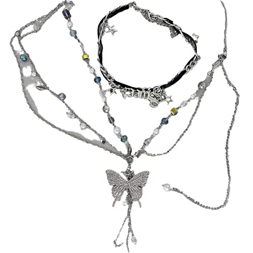 Sweet and Cool Girl Fluttering Butterfly Pearl Necklace Double Layer Stackable Star Lockchain Girl's Fighting Spirit Sweet and Spicy