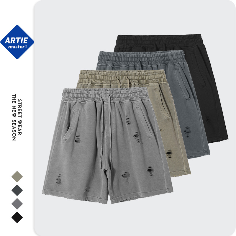 ARTIE ropa de hombre | Estilo de calle europeo y americano lavado pesado apenado pantalones cortos sueltos marca de moda de los hombres corte retro shorts