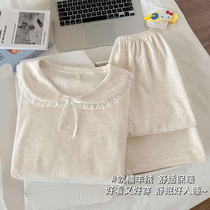 Soft and Waxy Cashmere Pajamas for Women in Autumn and Winter New Style Milky Apricot Lace Long-Sleeved Pants Home Wear Set Soft and Waxy Cashmere Pajamas for Women in Autumn and Winter New Style Milky Apricot Lace Long-Sleeved Pants Home Wear Set