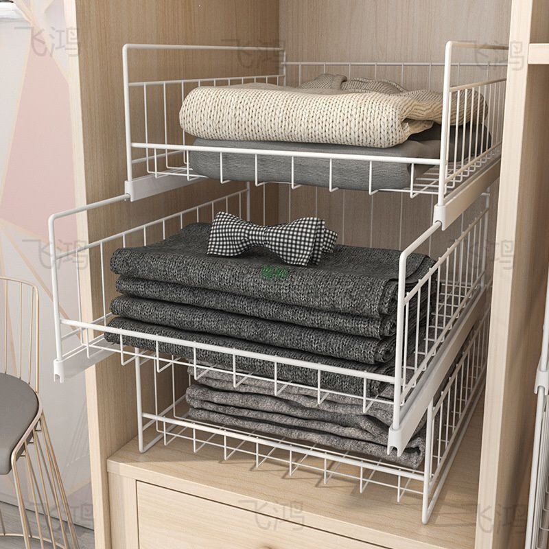 Clothing Storage Pull-Out Basket with Internal Storage Rack, Built-In Partitioned Pull-Out Storage Box for Home Wardrobe