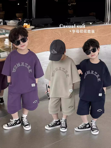 Children's clothing, boys 'summer 2024 new style, middle and big children's Korean style, fashionable letters, solid color suit, cool and trendy two-piece set
