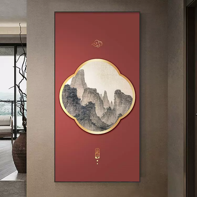 新中式入户玄关装饰画大气山水画水墨画酒店走廊过道壁画楼梯挂画