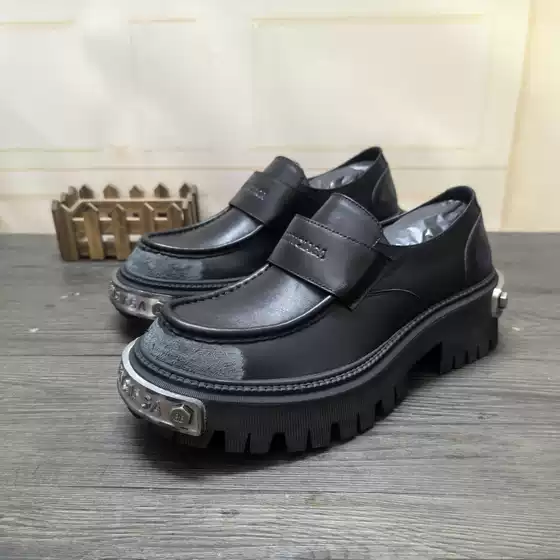 Chunky Stylish European Streetwear Men's Shoes Thick Sole Loafers Slip-On Lazy Shoes Genuine Leather Slip-On Derby Shoes Trendy