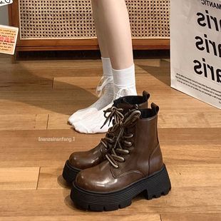 British style small brown thick-soled Martin boots for women 2023 autumn new popular lace-up retro short boots for women