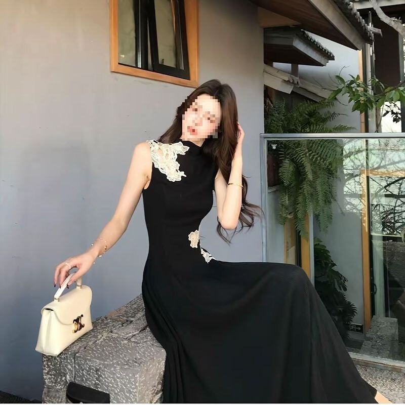 French-Style Hollow-Out New Chinese-Style Spring-Summer Dress, Long Dress, Slimming and Elegant, Black Long Sheer Dress, Slim Fit French-Style Hollow-Out New Chinese-Style Spring-Summer Dress, Long Dress, Slimming and Elegant, Black Long Sheer Dress, Slim Fit